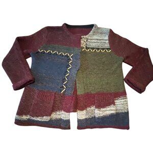 Handcrafted Patchwork Knit Cardigan 3 Snap Button Multicolor Design Angora Blend
